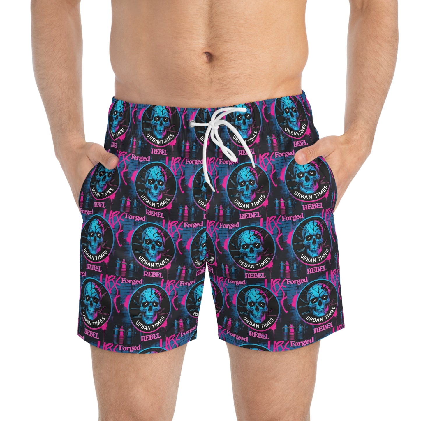 Vibrant Skull Swim Trunks, Beachwear for Summer, Pool Party Shorts, Men's Swimwear, Graphic AOP Boardshorts, Festival Swim Gear